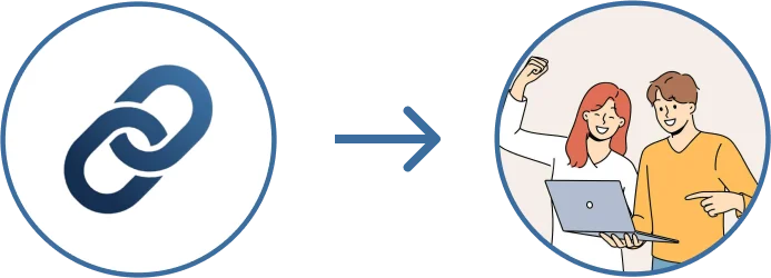 The konexall link logo, then two happy people celebrating at a laptop