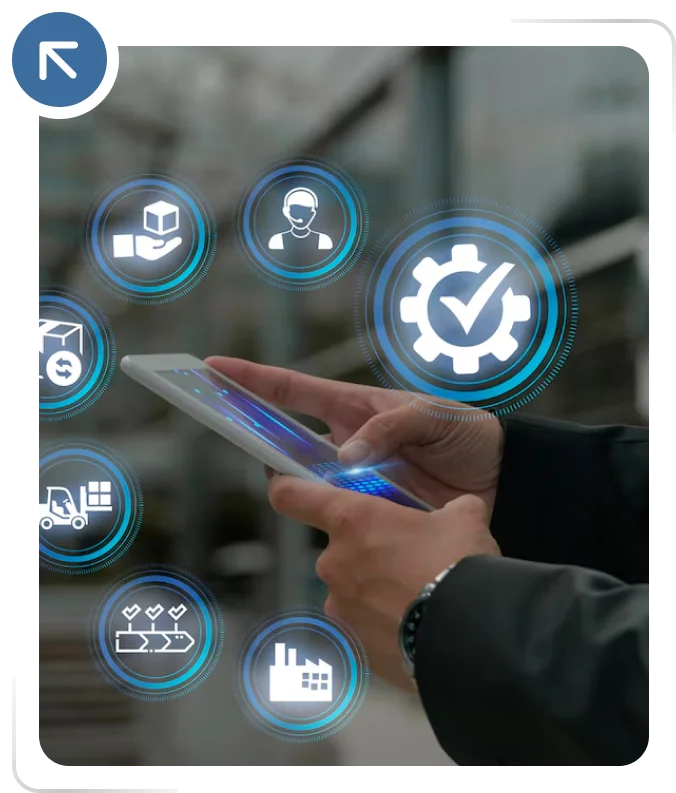 A hand holding a tablet, surrounded by service and workflow icons